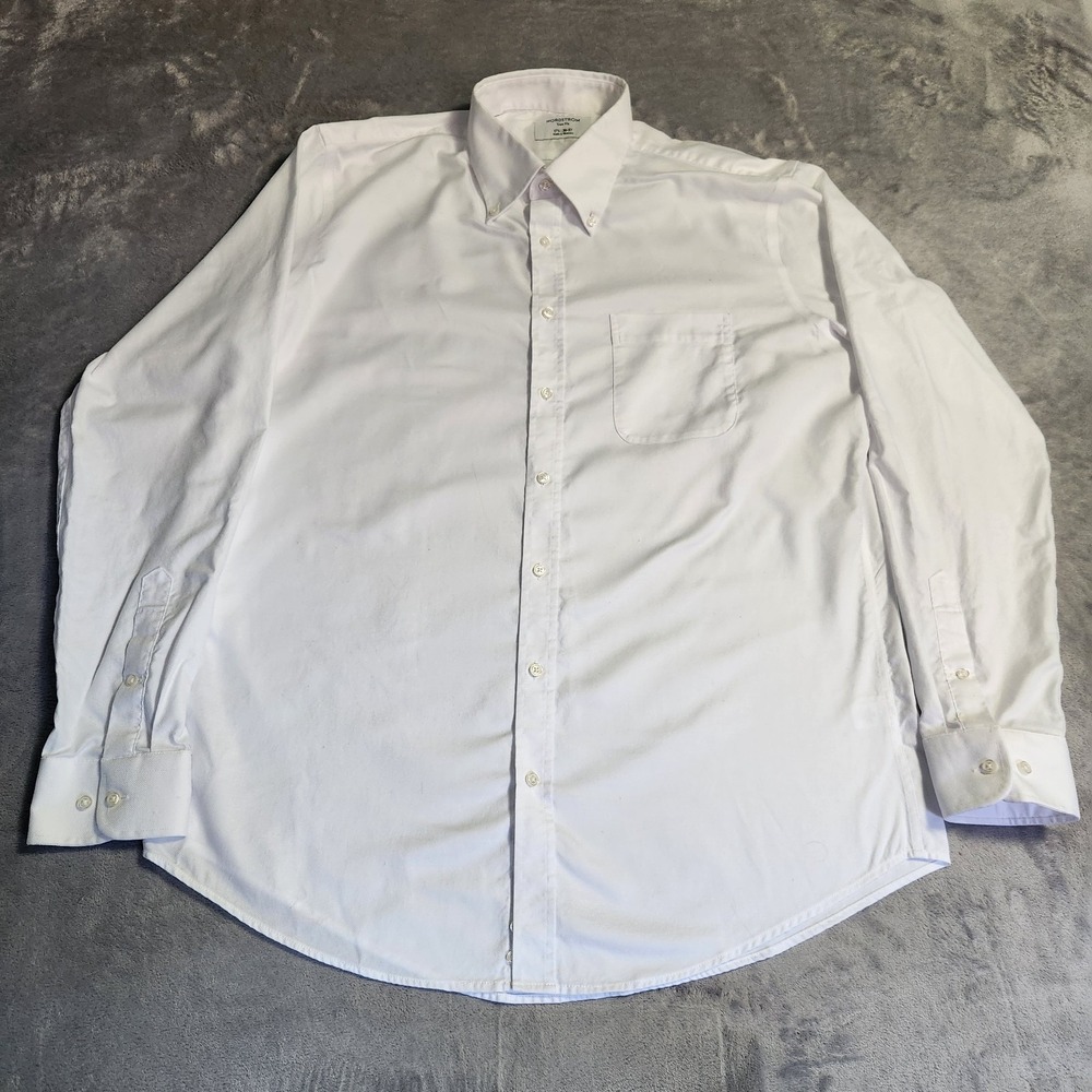 Nordstrom Men's Dress Shirt 17.5 36-37 Trim Fit White 100% Cotton Button Down